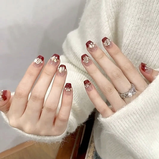 Autumn Elegance Short Square Burgundy Press On Nail Set with Glamorous Gold Accents