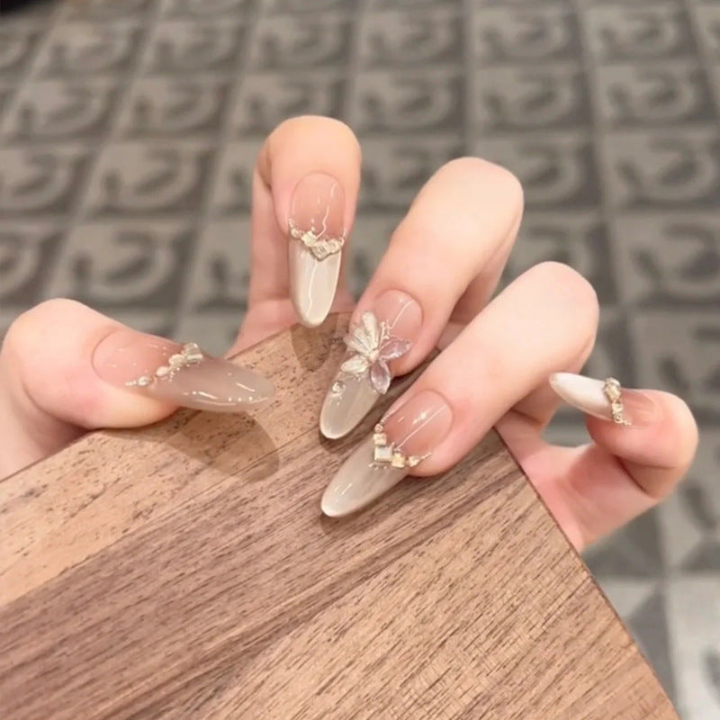 Whimsical Elegance Long Stiletto Almond Beige Press On Nail Set with Floral Accents