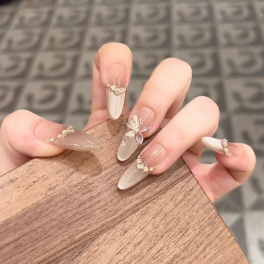 Whimsical Elegance Long Stiletto Almond Beige Press On Nail Set with Floral Accents