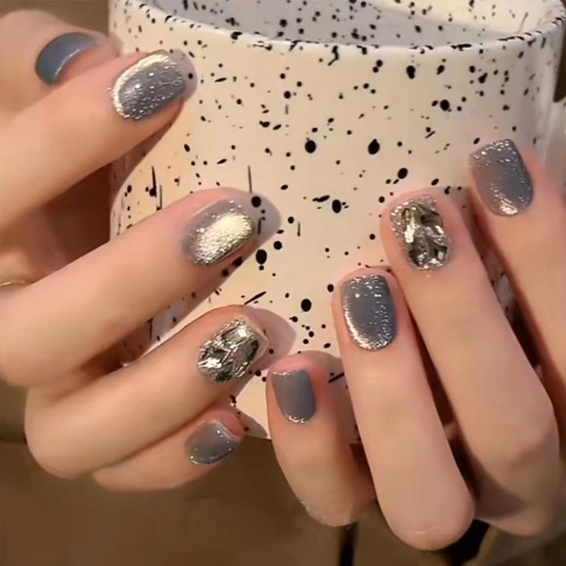 Chic Glamour Iridescent Short Square Press-On Nail Set in Shimmering Gray with Unique Textured Finish
