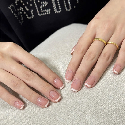 Elegant Blooming Press On Nails Short Square Beige with Charming White Tips