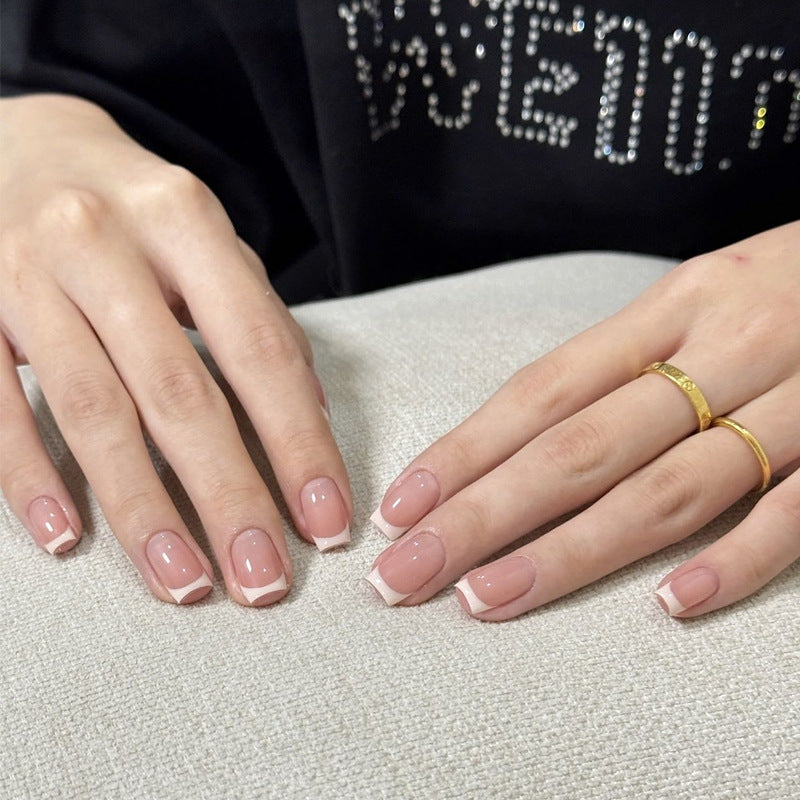 Chic Elegance Short Square Neutral Pink with Delicate White Tips Press On Nail Set
