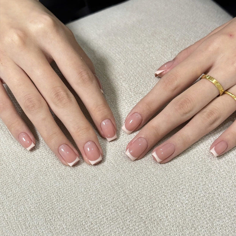 Elegant French-Tip Short Square Shaped Blush Pink Nails with Glossy Finish