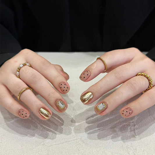 Elegant Glamour Short Squoval Shaped Beige and Gold Press on Nail Set with Unique Gemstone Accent