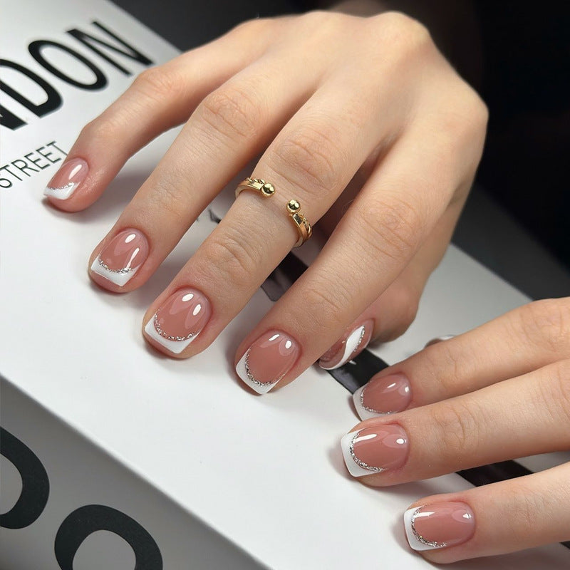 Elegant Essence Short Square Almond Pink with Glitter Tip Press-On Nail Set