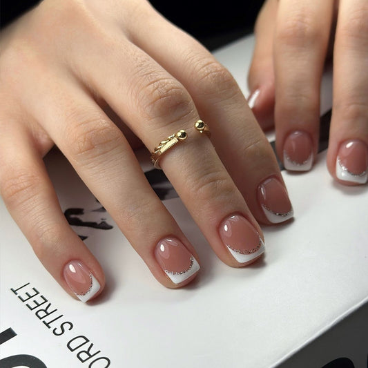 Chic Elegance Short Square Beige Pink Nails with Dazzling White Tip Accents