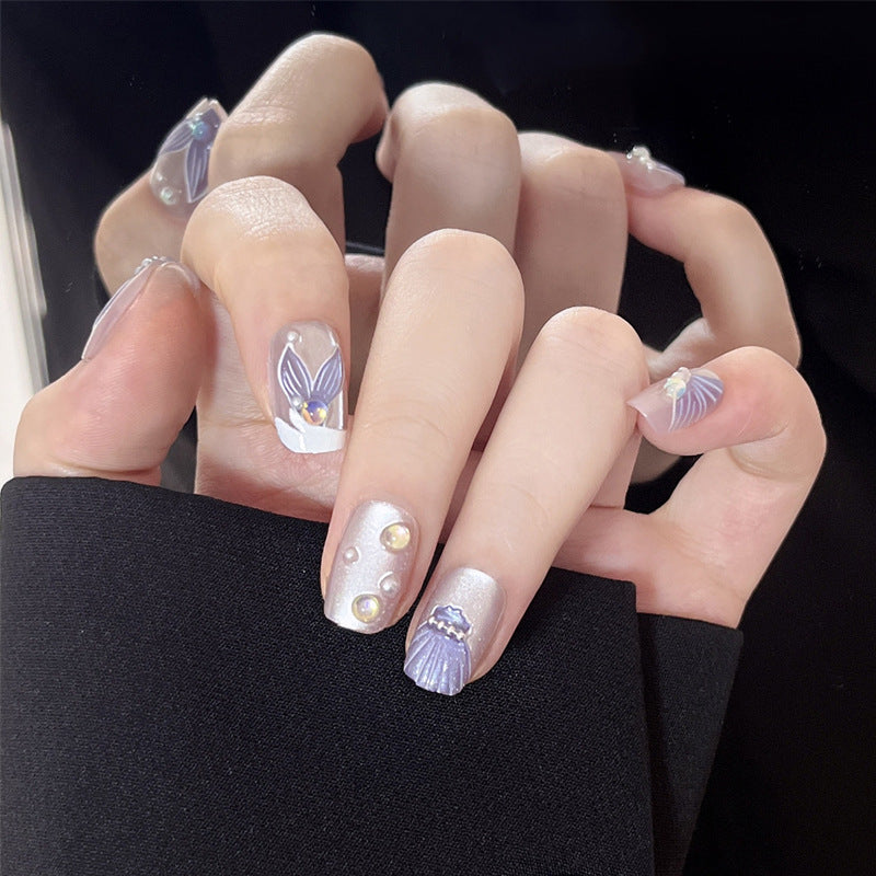Ocean Dream Short Square Transparent Purple Accented Nail Set with Elegant Pearl Embellishments