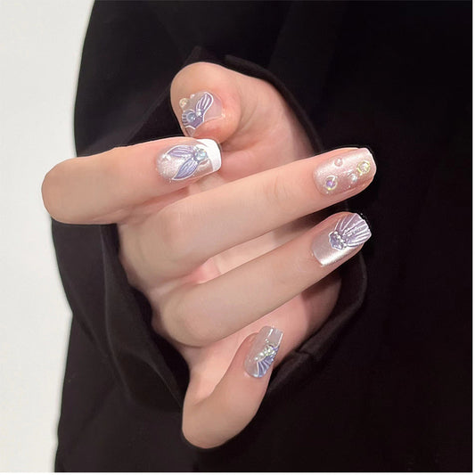 Under the Sea Elegance Short Square Transparent White and Purple Floral Design Press On Nail Set