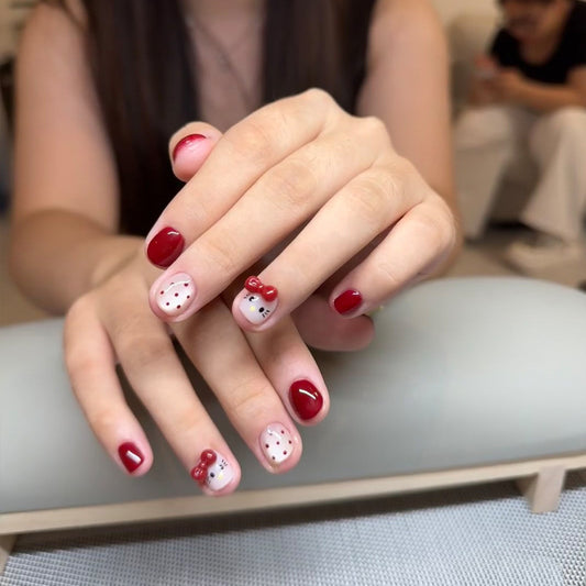 Charming Hello Kitty Inspired Short Square Red And Beige Glitter Press On Nail Set With Bow Detail