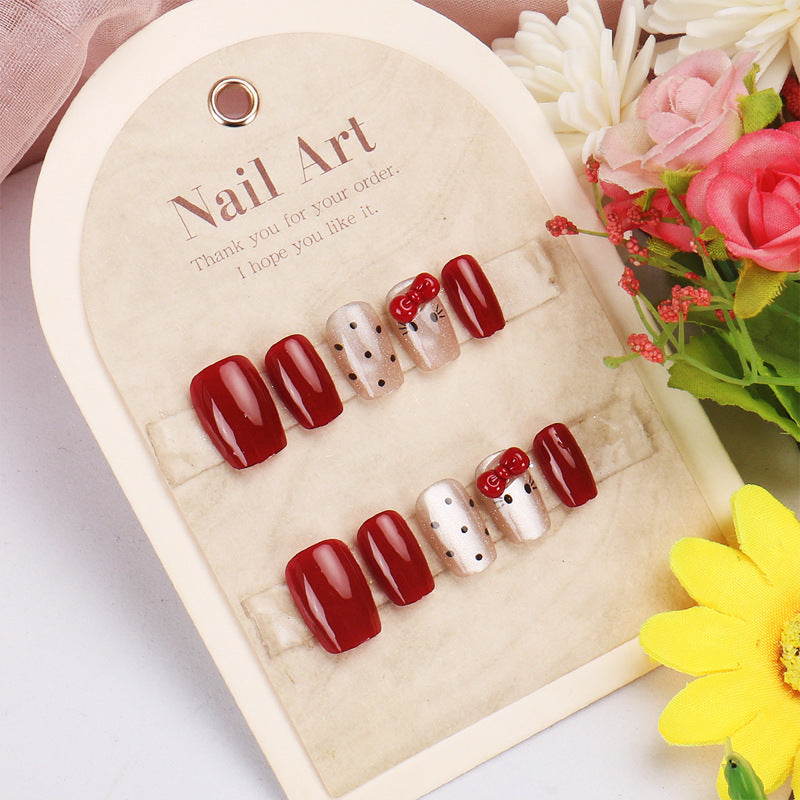 Charming Cherry Blossom Red Medium Square Press On Nail Set With Golden Glitter And Cute Bow Detail