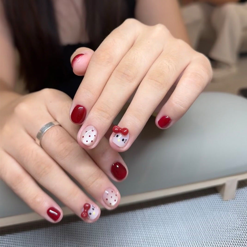 Whimsical Charm Short Length Square Shaped Glossy Red And Soft Pink Nail Set With Adorable Character Designs