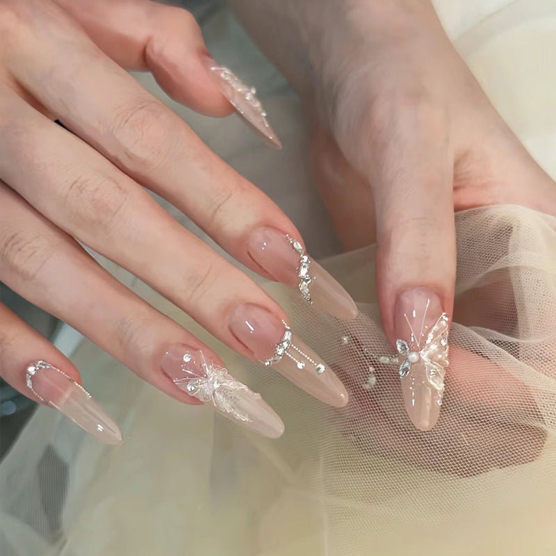 Whimsical Elegance Extra Long Almond Shaped Beige Press-On Nails with Exquisite Gemstone Embellishments