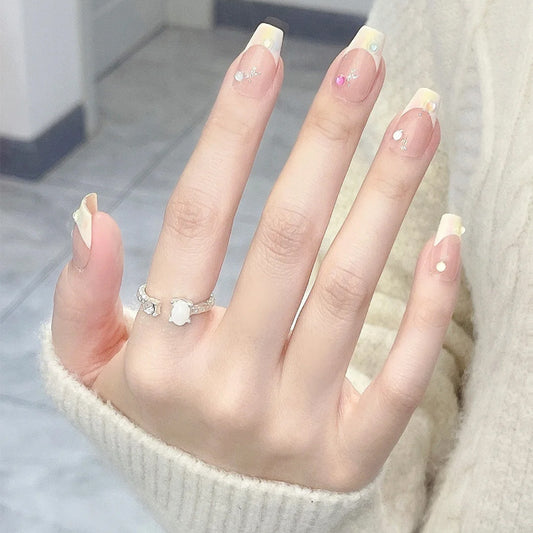 Charming Floral Elegance Medium Coffin Clear Yellow Ombre Press On Nail Set with Shimmering Gems