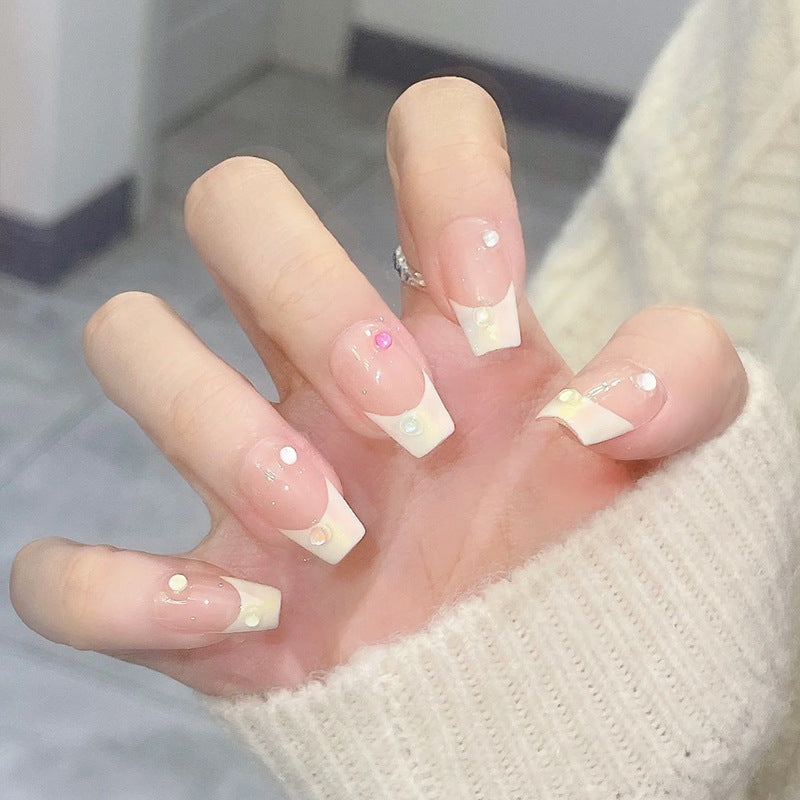 Chic Elegance Medium Coffin French Tip Press On Nail Set in Soft Ivory with Iridescent Gems