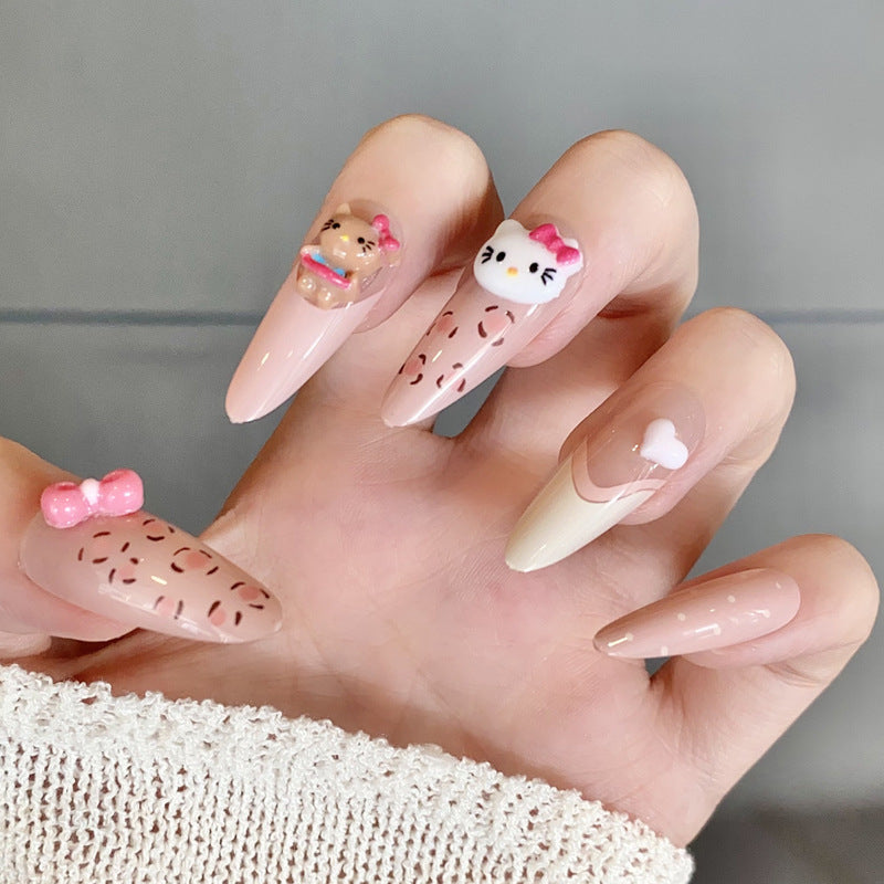Sweet Treats Dreamy Coffin Long Almond Shaped Soft Pink Press On Nails With Adorable Character Accents