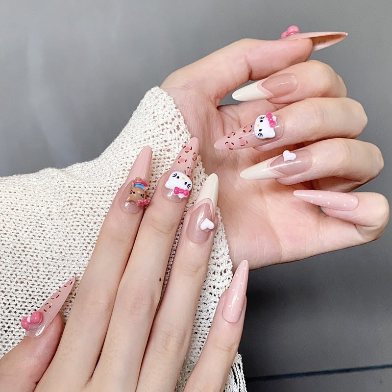 Whimsical Fantasy Long Almond Ombre Pink With Cute Character Decorations And Heart Accents Press On Nail Set