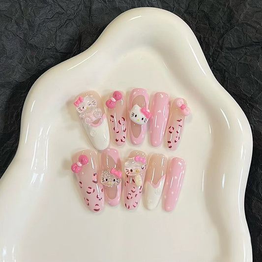 Whimsical Kitty Theme Long Almond Shaped Pink Press On Nail Set With Cute Bow And Character Accents