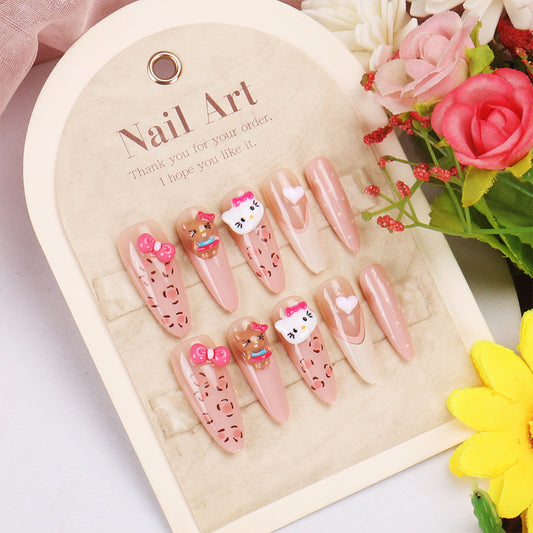 Sweet Treats Dreamy Long Almond Shaped Soft Pink Press On Nail Set With Cute Kitty And Bow Embellishments
