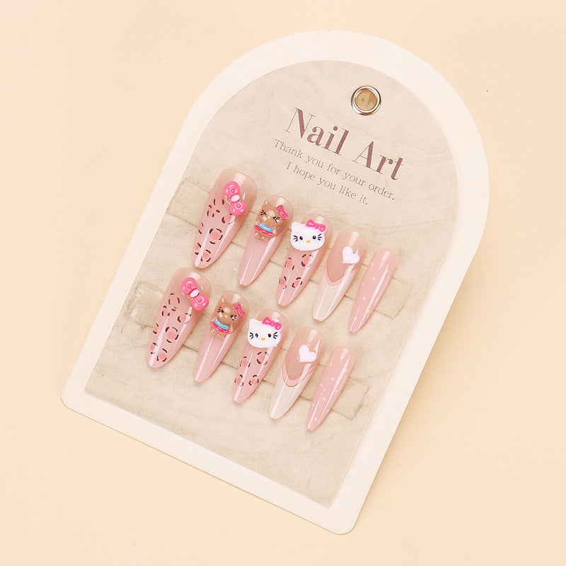 Whimsical Dessert Dream Long Almond Pink Press On Nail Set With Cute Character Embellishments