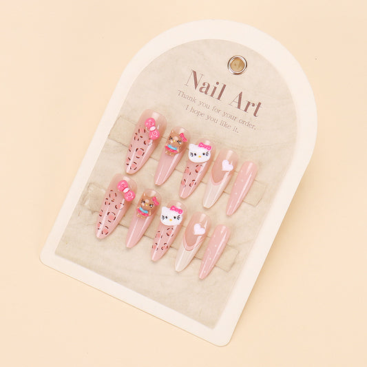 Whimsical Dessert Dream Long Almond Pink Press On Nail Set With Cute Character Embellishments