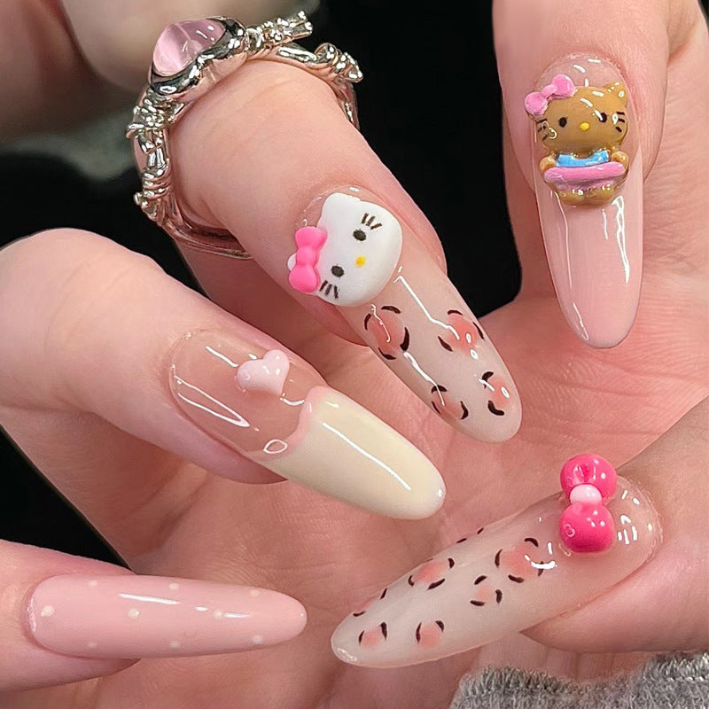 Sweet Whimsy Long Almond Pink Frosted Nail Set With Cute Character Designs