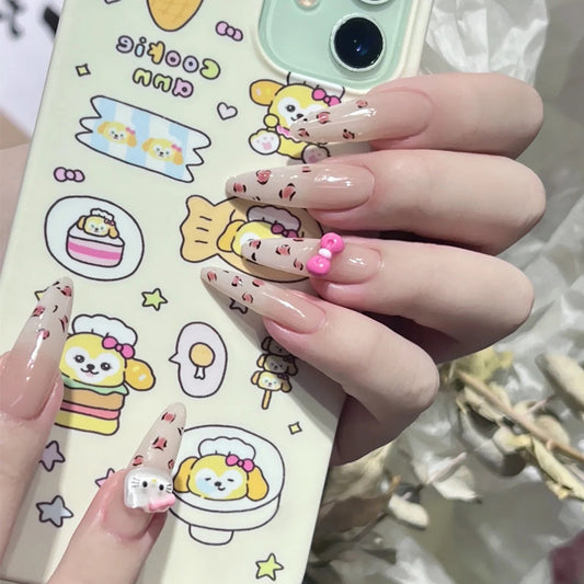 Cute Sweet Treats Long Almond Pink And Beige Gradient With Cherry Blossom Accents