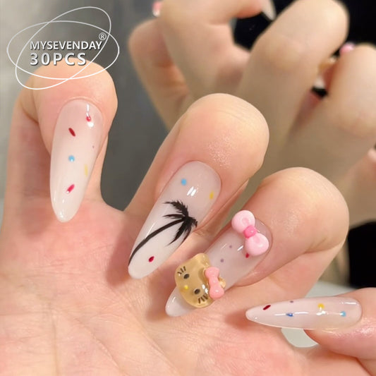 Tropical Paradise Long Almond Clear Nails with Colorful Confetti and Cute Cartoon Embellishments