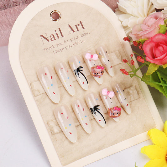 Tropical Paradise Long Almond Shaped Beige Nail Set with Cute Character Decorations