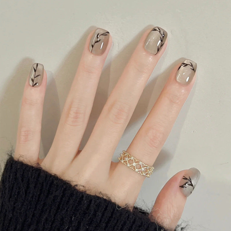 Nature's Elegance Short Square Neutral Shades with Delicate Leaf Designs Press on Nails Set
