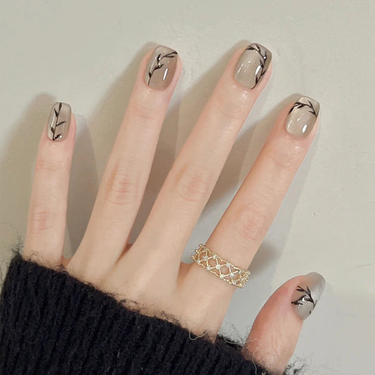 Nature's Elegance Short Square Neutral Shades with Delicate Leaf Designs Press on Nails Set