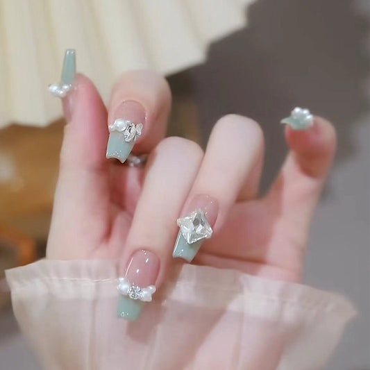 Glistening Ocean Breeze Long Coffin Mint Green Press On Nail Set with Pearl and Jewel Accents