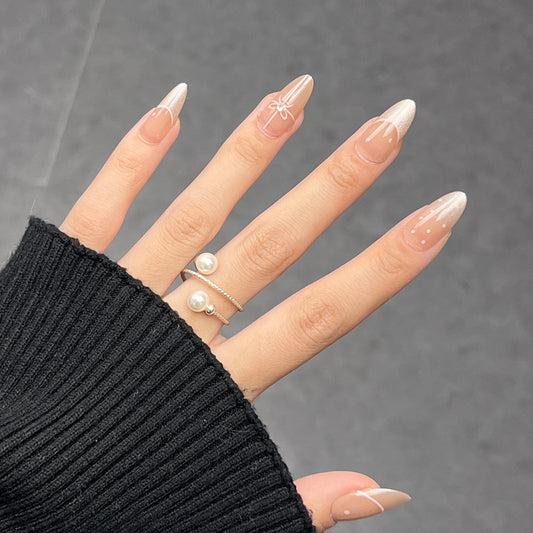 Graceful Elegance Medium Almond Gradient Beige with Delicate White Accents Press On Nail Set