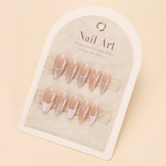 Chic Elegance Medium Almond Beige and Pink Press on Nail Set with Artistic Designs