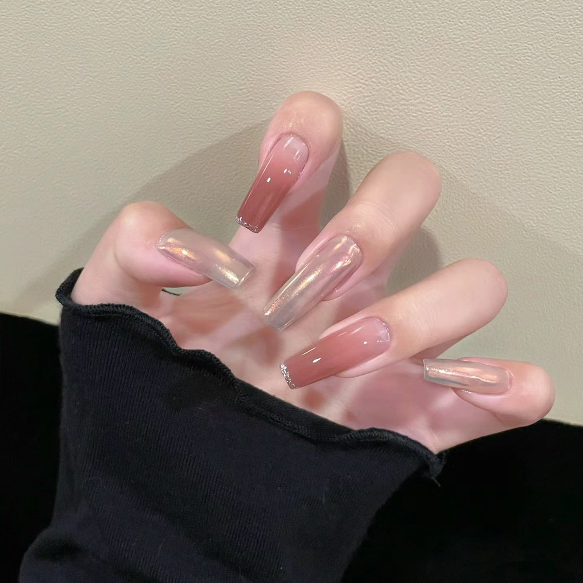 Dreamy Elegance Long Square Soft Blush and Transparent Nails with Iridescent Shine