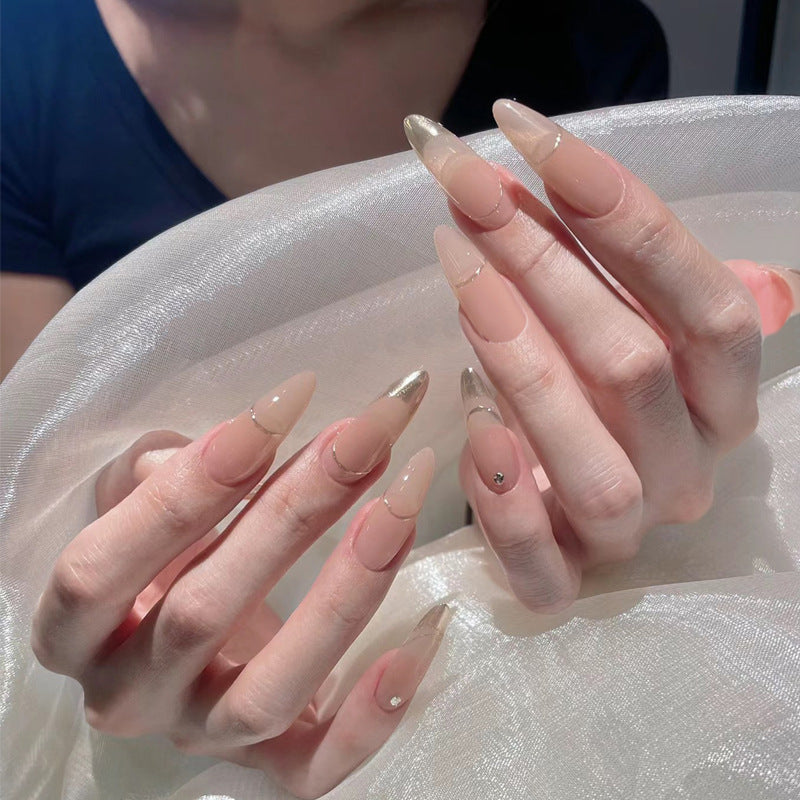 Elegant Sophistication Long Almond-Shaped Beige and Gold Press On Nail Set with Glitter Accents