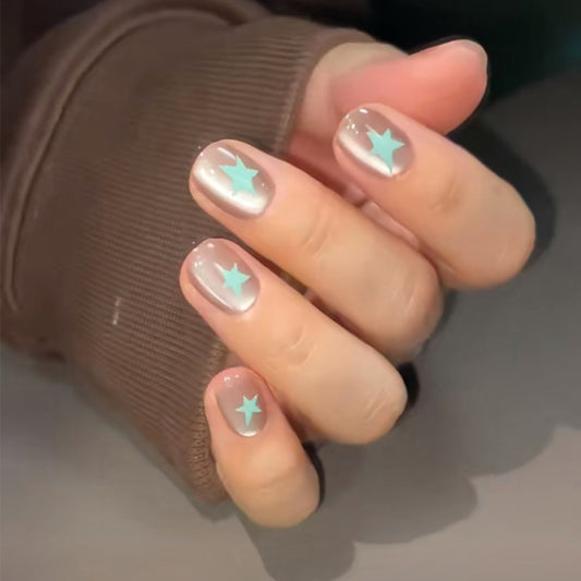 Celestial Vibes Short Square Transparent with Sky Blue Stars Press On Nail Set