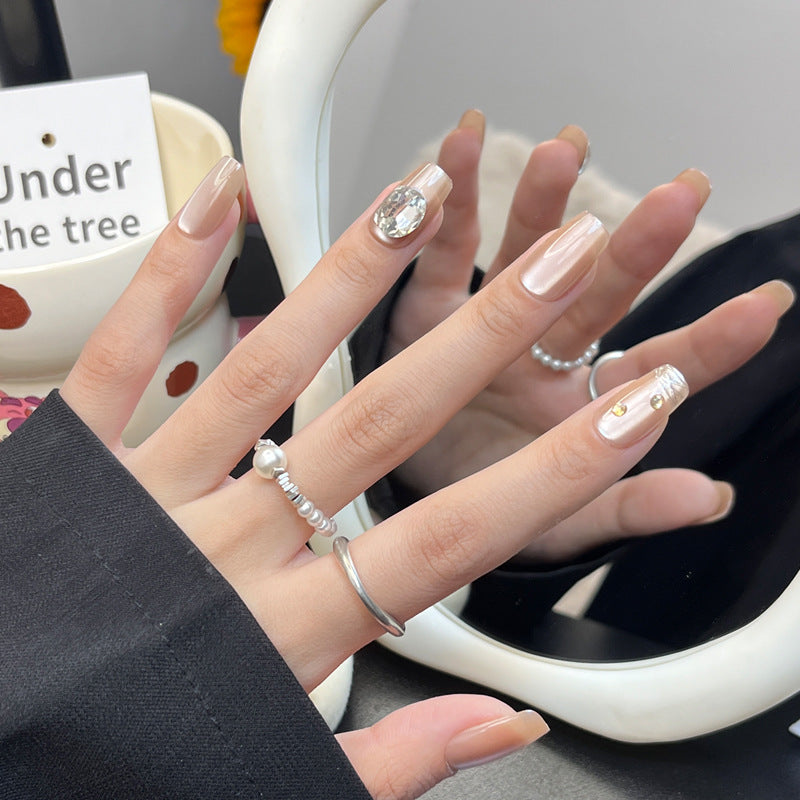 Elegant Whispers Medium Square Beige with Rhinestone Accent Nail Set