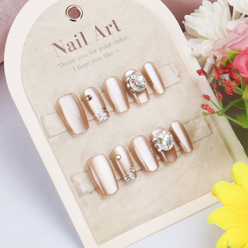 Glamorous Elegance Medium Coffin Beige with Glittering Gemstones Press On Nail Set