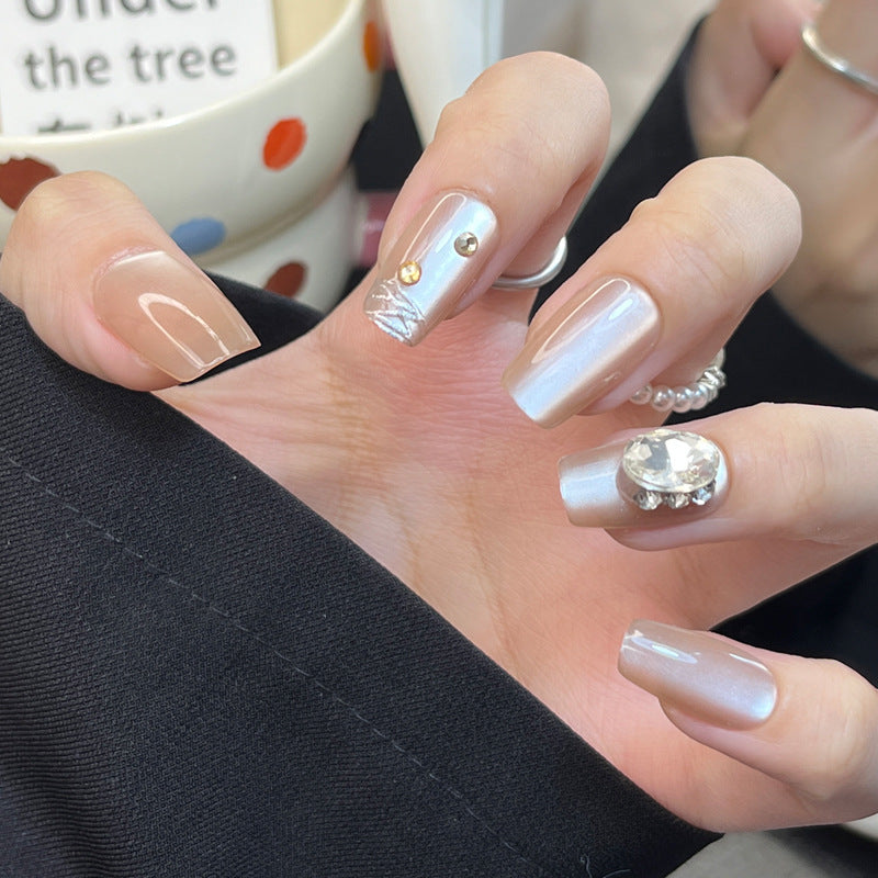 Glamorous Elegance Long Square Beige with Shimmering Accents and Gemstone Embellishments Press On Nail Set