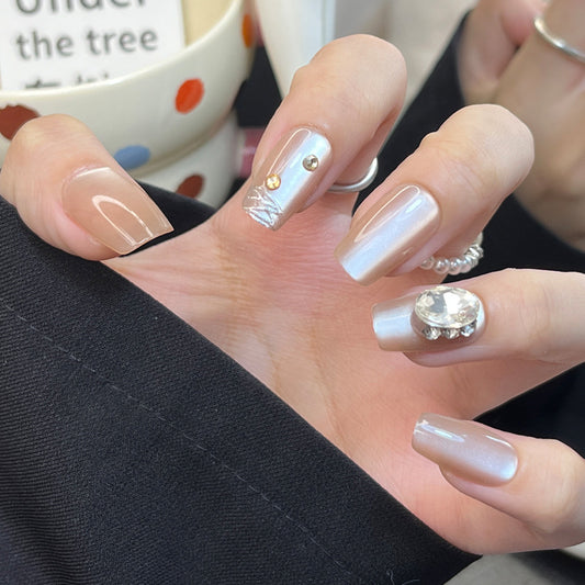 Glamorous Elegance Long Square Beige with Shimmering Accents and Gemstone Embellishments Press On Nail Set