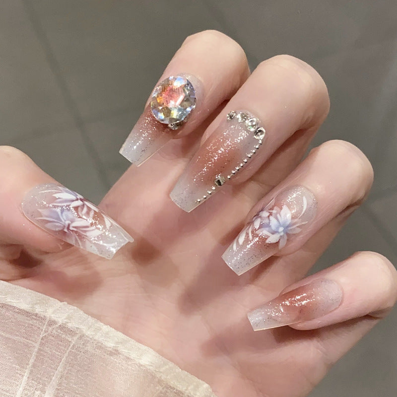 Charming Floral Elegance Long Coffin Ombre White Press-On Nail Set with Gemstone Accents
