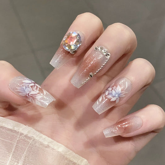 Charming Floral Elegance Long Coffin Ombre White Press-On Nail Set with Gemstone Accents
