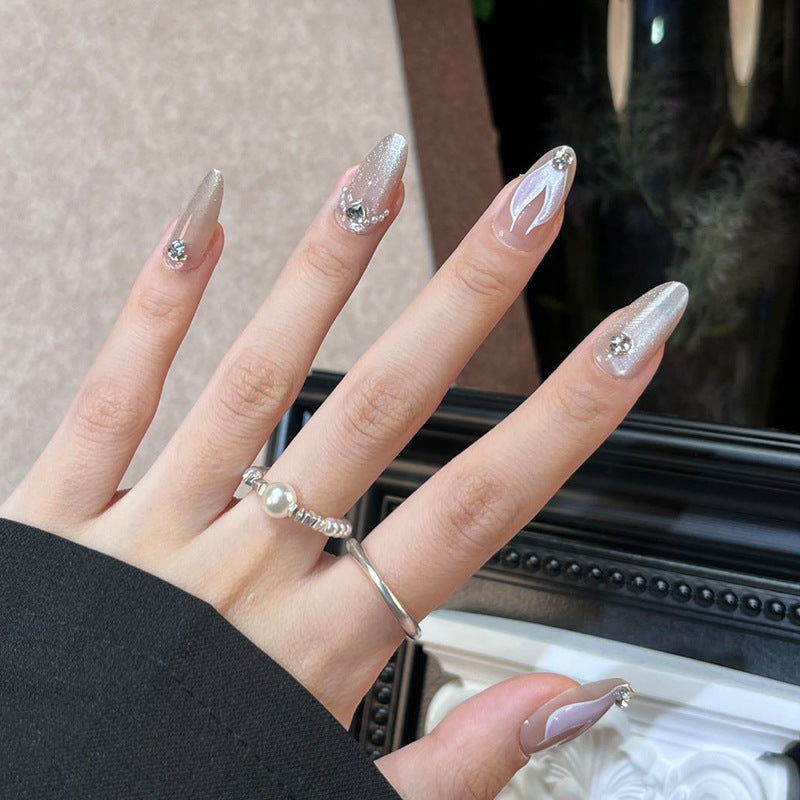 Celestial Glamour Lengthy Medium Almond Sparkling Silver with Elegant Accent Gems Press On Nail Set