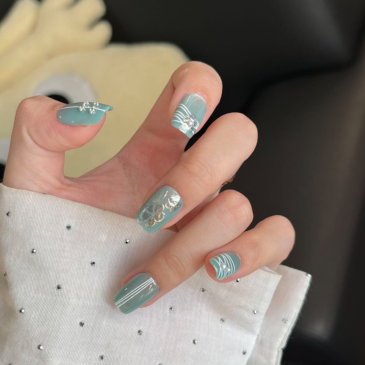 Ocean Breeze Elegance Short Square Mint Green Press On Nail Set with Unique Gem Accent