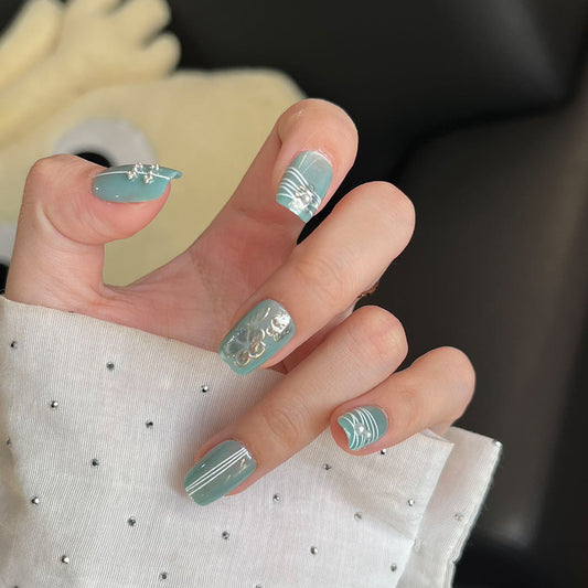 Ocean Breeze Elegance Short Square Mint Green Press On Nail Set with Unique Gem Accent