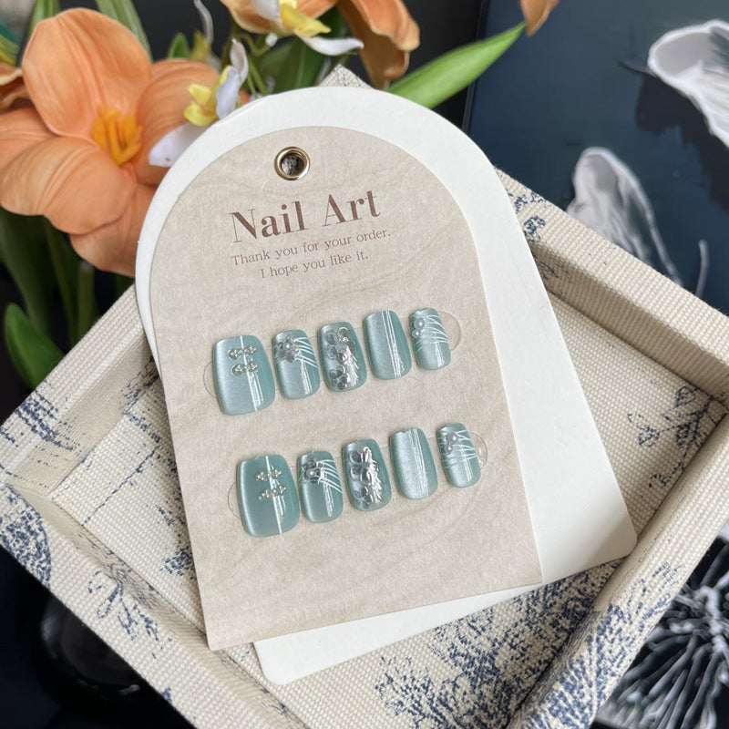 Serene Garden Inspired Short Square Soft Blue Press On Nail Set with Floral Accents