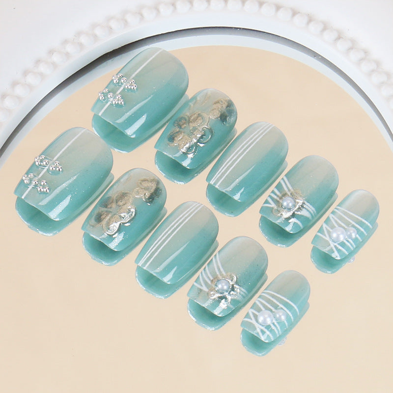 Enchanted Ocean Dream Short Square Turquoise Press On Nail Set with Floral Elegance