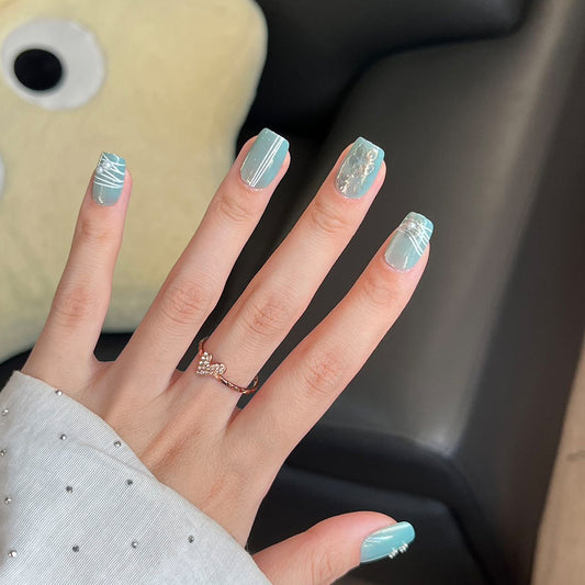 Dreamy Ocean Vibes Short Square Light Blue with Elegant Marble Accents Press On Nail Set