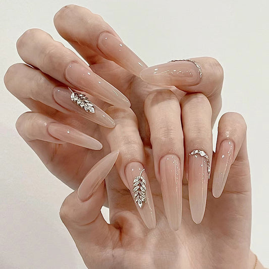 Whimsical Elegance Long Almond Ombre Beige Press On Nail Set with Leaf and Gem Embellishments