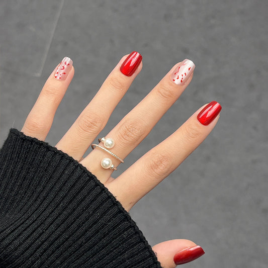 Romantic Red Ombre Short Squoval Press On Nail Set with Heart Design Detail